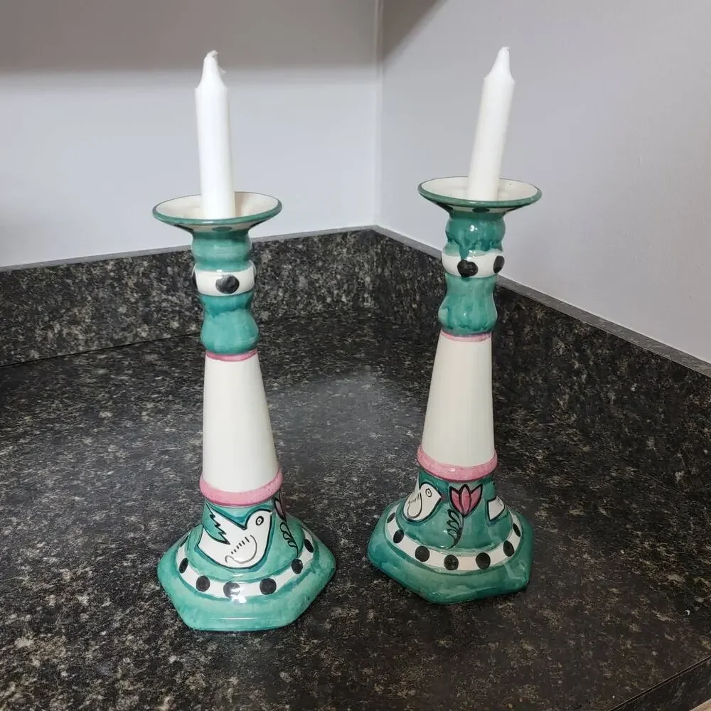 Hand Painted Pair Candlesticks Doves and Flowers